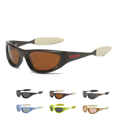 Black polarized sports sunglasses with a wrap-around frame and dark lenses, shown with five other color options. - Image 12