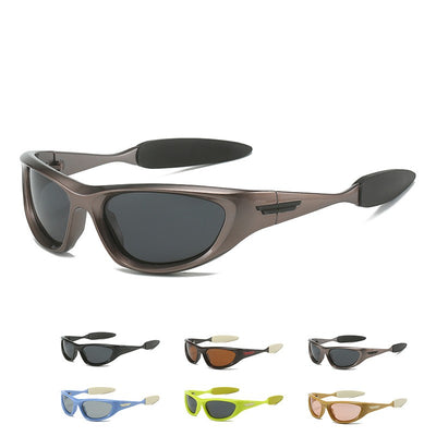 Black polarized sports sunglasses with a wrap-around frame and dark lenses, shown with five other color options. - Image 14