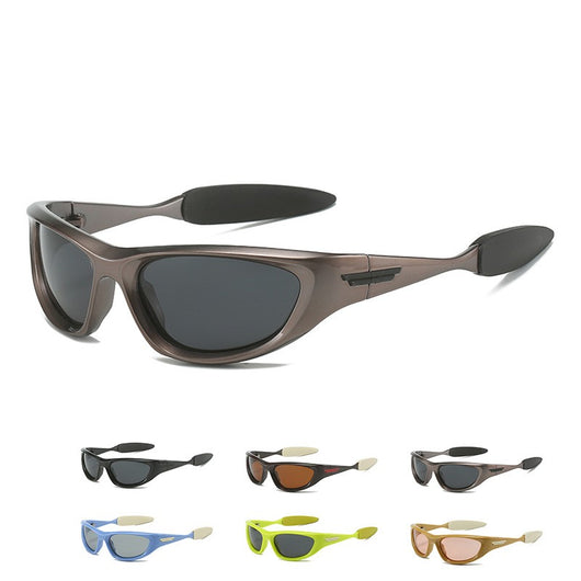 Black polarized sports sunglasses with a wrap-around frame and dark lenses, shown with five other color options. - Image 14