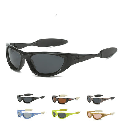 Black polarized sports sunglasses with a wrap-around frame and dark lenses, shown with five other color options. - Image 15
