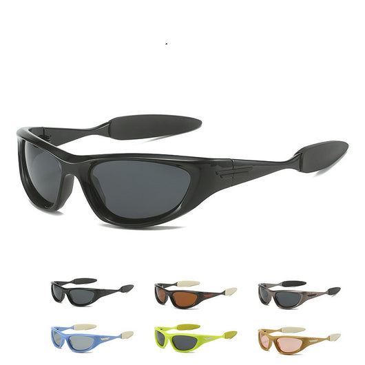 Black polarized sports sunglasses with a wrap-around frame and dark lenses, shown with five other color options. - Image 15