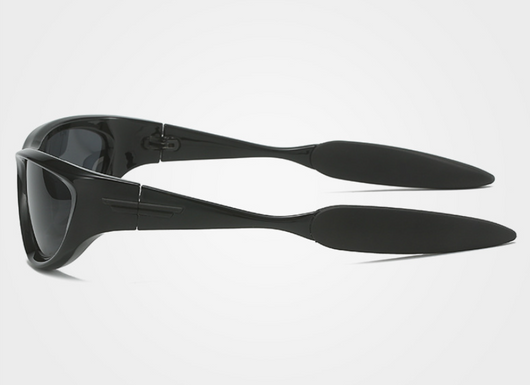 Black polarized sports sunglasses with a wrap-around frame and dark lenses, shown with five other color options. - Image 20