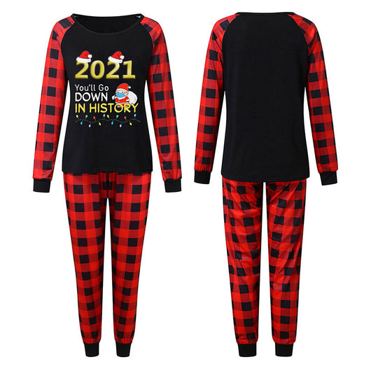 Red and black plaid long-sleeve pajama set with a '2021 You'll Go Down In History' graphic featuring a masked Santa. - Image 11