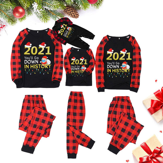 Red and black plaid long-sleeve pajama set with a '2021 You'll Go Down In History' graphic featuring a masked Santa. - Image 12
