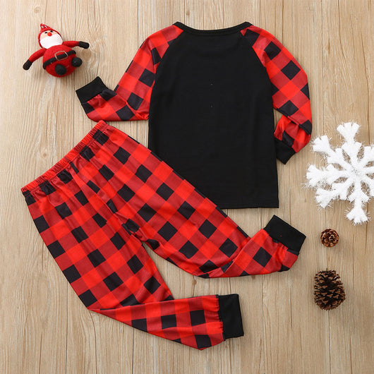 Children's red and black plaid Christmas pajama set with a long-sleeve top featuring a reindeer graphic. - Image 12