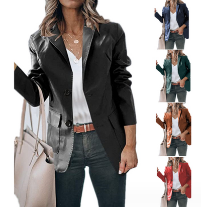 Abrigo de Cuero Sintético para Mujer con Solapa Simple - Image 11