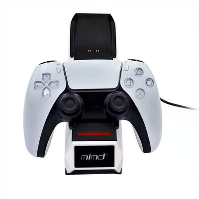 White and black dual charging station for PS5 game controllers with blue LED indicators and 'mind' logo. - Image 4