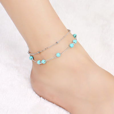 Pulsera Tobillera Doble Capa Turquesa Estilo Europeo - Image 9