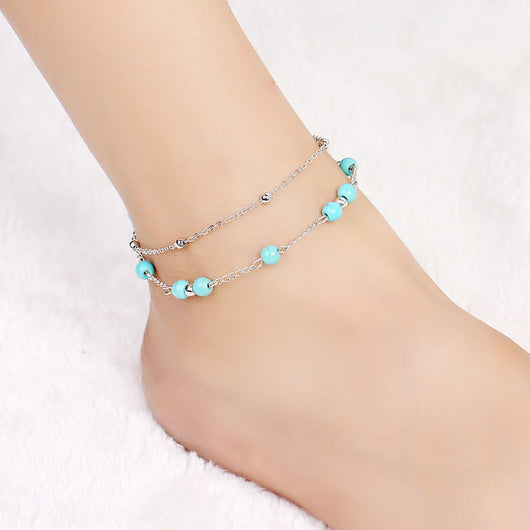 Pulsera Tobillera Doble Capa Turquesa Estilo Europeo - Image 9