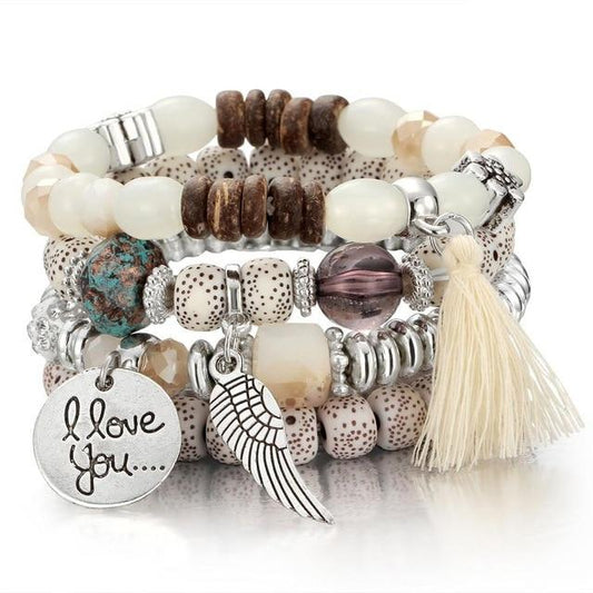 Pulsera Cristal Piedra Volcánica Multicapa con Borla Ala para Mujer - Image 2