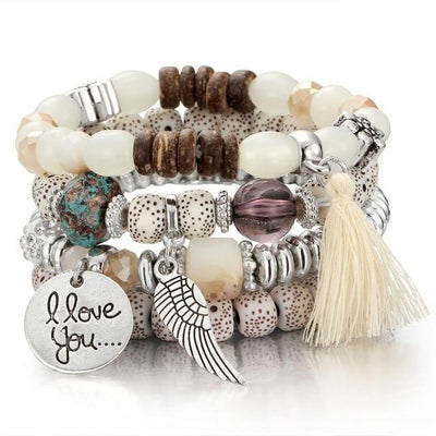 Pulsera Cristal Piedra Volcánica Multicapa con Borla Ala para Mujer - Image 2