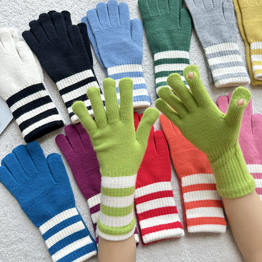 Guantes de Lana Tejidos con Colores Arcoíris Contrastados - Image 9