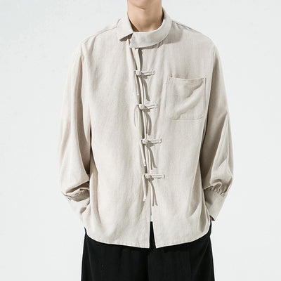 Camisa de Algodón y Lino Estilo Chino con Botones de Nudo Chino - Image 7