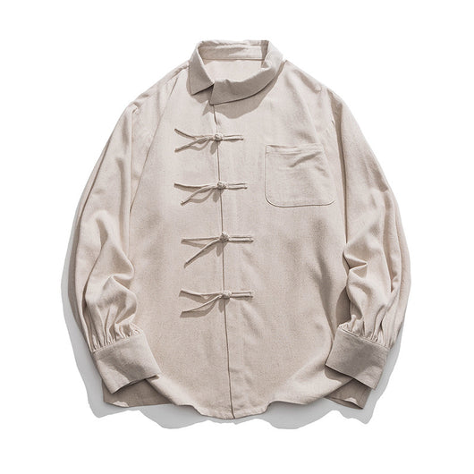 Camisa de Algodón y Lino Estilo Chino con Botones de Nudo Chino - Image 9