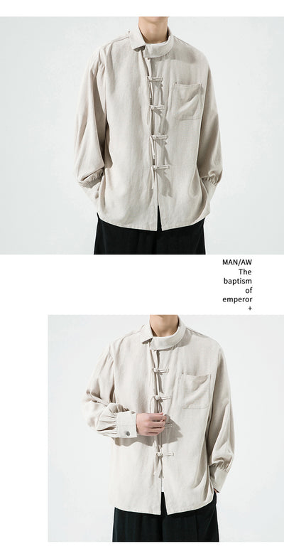 Camisa de Algodón y Lino Estilo Chino con Botones de Nudo Chino - Image 13