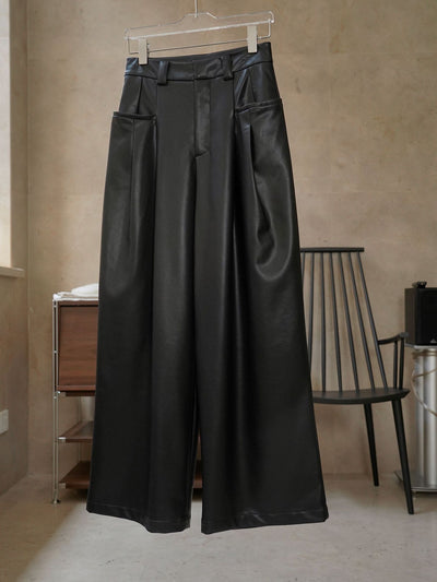 Pantalones PU Cintura Alta Ajustados con Piernas Anchas - Image 9