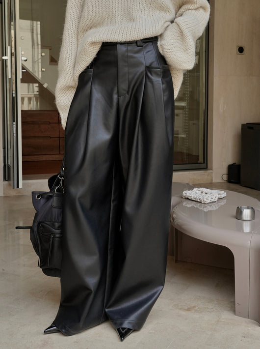 Pantalones PU Cintura Alta Ajustados con Piernas Anchas - Image 10
