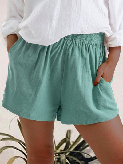 Shorts de Lino Cintura Alta Color Sólido con Bolsillos - Image 3
