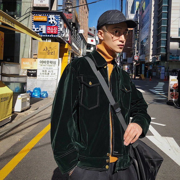 Jaqueta Masculina de Veludo Verde Escuro Estilo Hong Kong