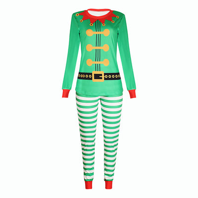 Three matching green elf-themed pajama sets for Dad, Mom, and Kid, featuring striped pants and long-sleeved tops. - Image 17