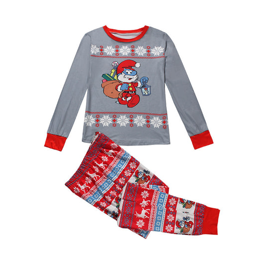 Gray and red Smurf Christmas pajama set with long-sleeved top and matching pants, featuring snowflake and reindeer prints. - Image 16
