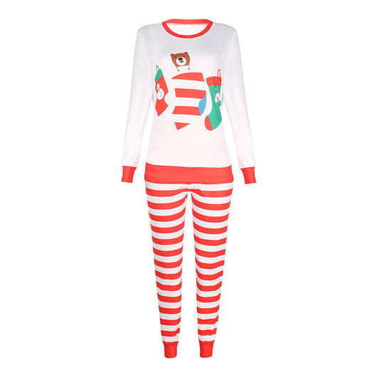 Red and white striped parent-child pajama set with a long-sleeved top featuring Christmas stockings and a bear graphic. - Image 12
