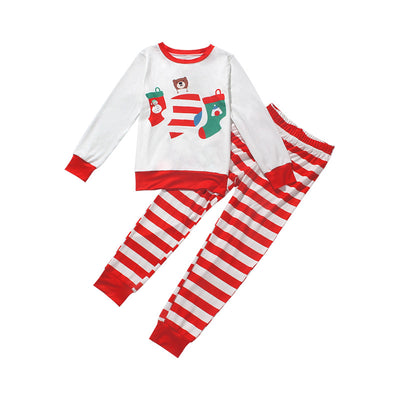 Red and white striped parent-child pajama set with a long-sleeved top featuring Christmas stockings and a bear graphic. - Image 16
