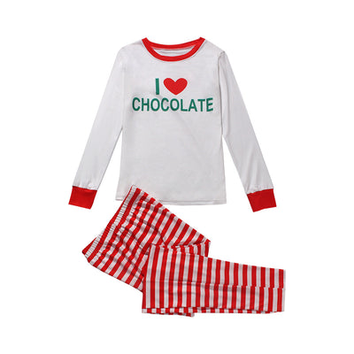 White long-sleeve pajama top with "I ❤️ CHOCOLATE" graphic and red trim, paired with red and white striped pajama pants. - Image 12