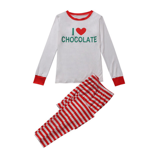 White long-sleeve pajama top with "I ❤️ CHOCOLATE" graphic and red trim, paired with red and white striped pajama pants. - Image 14