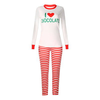 White long-sleeve pajama top with "I ❤️ CHOCOLATE" graphic and red trim, paired with red and white striped pajama pants. - Image 16