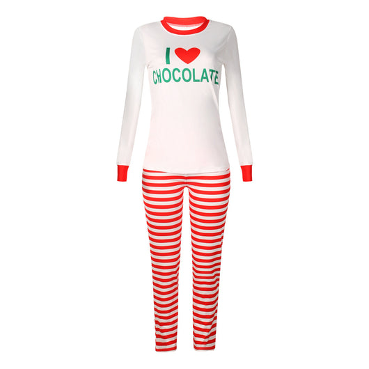 White long-sleeve pajama top with "I ❤️ CHOCOLATE" graphic and red trim, paired with red and white striped pajama pants. - Image 16