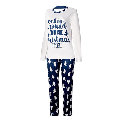Matching family Christmas pajamas: white long-sleeve tops with 'Rockin' around THE Christmas TREE' text and blue pants with white Christmas tree print. - Image 10