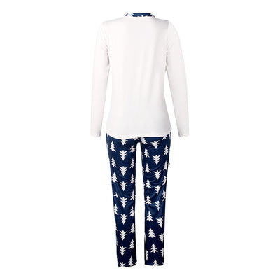 Matching family Christmas pajamas: white long-sleeve tops with 'Rockin' around THE Christmas TREE' text and blue pants with white Christmas tree print. - Image 14