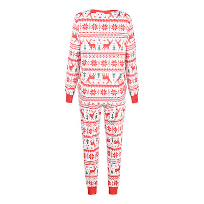 Red and white long-sleeved family matching pajamas with reindeer and snowflake pattern for dad, mom, kid, and baby. - Image 16
