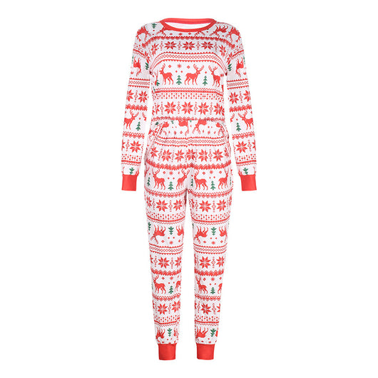 Red and white long-sleeved family matching pajamas with reindeer and snowflake pattern for dad, mom, kid, and baby. - Image 20