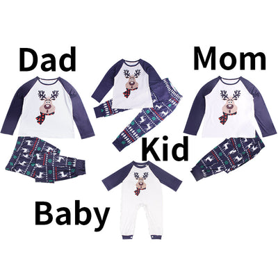 White and navy blue baby romper with a reindeer graphic wearing a red plaid scarf, featuring long raglan sleeves and snap closures. - Image 17