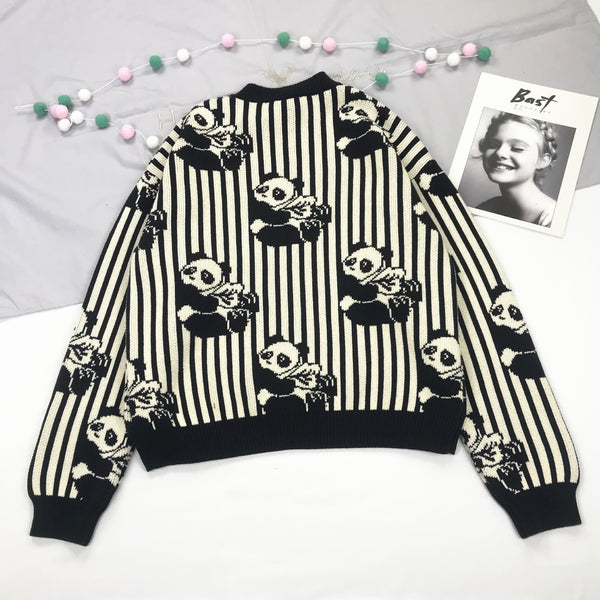Sudadera Gruesa con Ilustración de Panda a Rayas Blanco y Negro