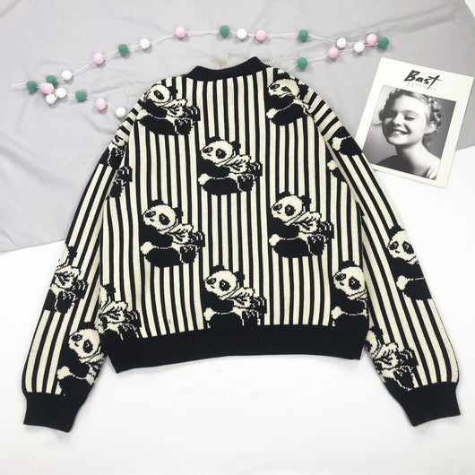 Sudadera Gruesa con Ilustración de Panda a Rayas Blanco y Negro
