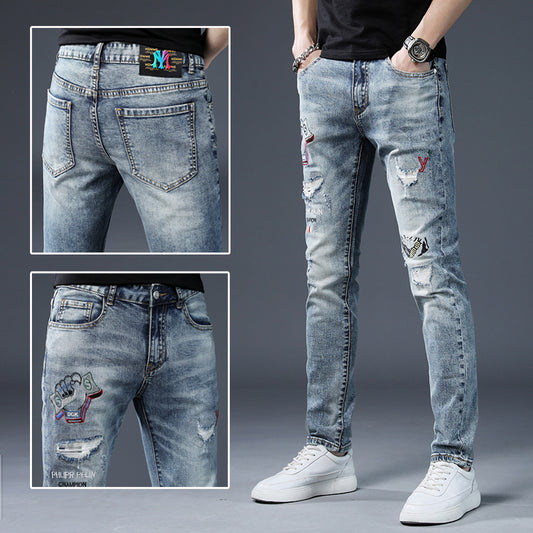 Jeans Slim Fit Rotos con Bordados Premium