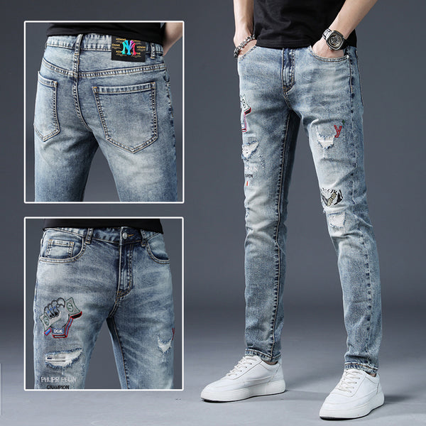 Jeans Slim Fit Rotos con Bordados Premium