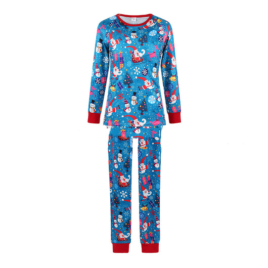 Matching family Christmas pajamas in blue with Santa, snowman, and gift print. Includes adult sets, kids' sets, and a baby romper. - Image 8