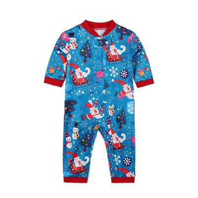 Matching family Christmas pajamas in blue with Santa, snowman, and gift print. Includes adult sets, kids' sets, and a baby romper. - Image 9