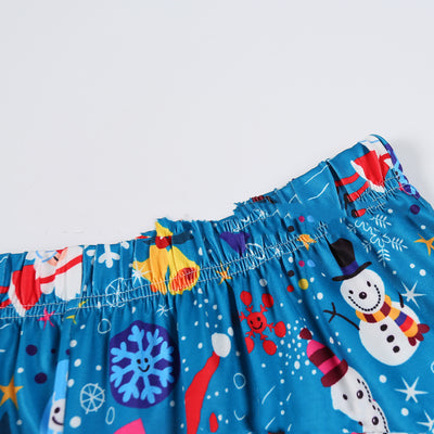 Matching family Christmas pajamas in blue with Santa, snowman, and gift print. Includes adult sets, kids' sets, and a baby romper. - Image 11