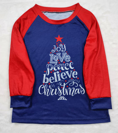 Family matching Christmas pajamas with blue long-sleeve tops, red raglan sleeves, and a Christmas tree graphic. Blue pants feature a white polar bear pattern. - Image 9