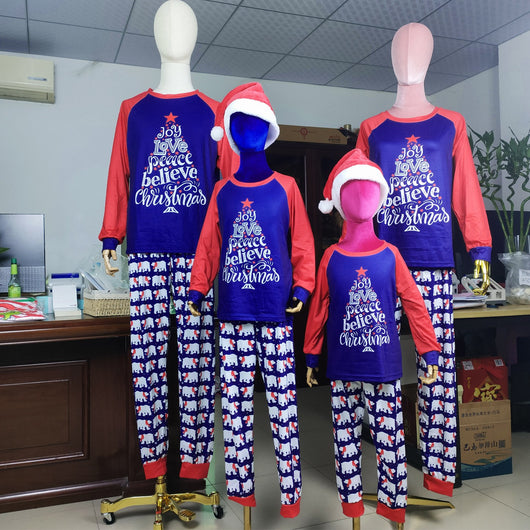 Family matching Christmas pajamas with blue long-sleeve tops, red raglan sleeves, and a Christmas tree graphic. Blue pants feature a white polar bear pattern. - Image 13