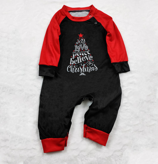 Family matching Christmas pajamas with black tops, red raglan sleeves, 'Joy Love Peace Believe Christmas' graphic, and polar bear print pants. - Image 8