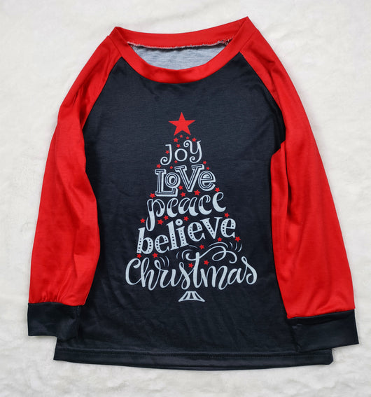 Family matching Christmas pajamas with black tops, red raglan sleeves, 'Joy Love Peace Believe Christmas' graphic, and polar bear print pants. - Image 11