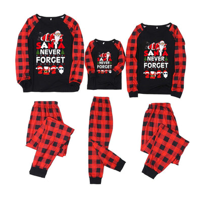Matching family pajamas with black tops, red plaid raglan sleeves, and "SANTA NEVER FORGET 2020" graphic. Includes two adult and one child set with red plaid pa - Image 7