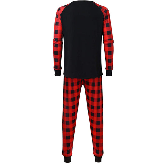 Matching family pajamas with black tops, red plaid raglan sleeves, and "SANTA NEVER FORGET 2020" graphic. Includes two adult and one child set with red plaid pa - Image 8