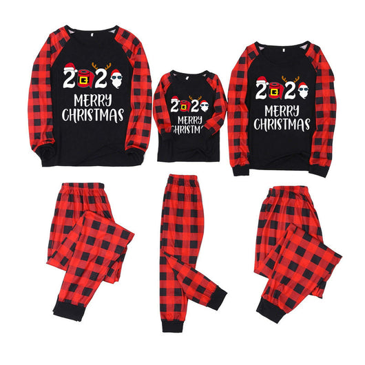 Three matching family Christmas pajama sets with black tops, red plaid sleeves, and red plaid pants. Tops feature '2020 MERRY CHRISTMAS' text. - Image 11